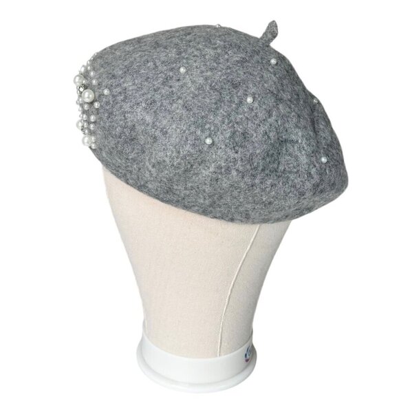 NEW Beret Hat Gray Wool Felt Beaded Embellished Rhinestones Pearls Coquette 90s - Picture 8 of 12